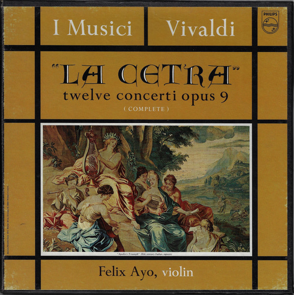 La Cetra album cover. Artwork of a group of women playing lyre, harp, flute, painted in an Italian tapestry style